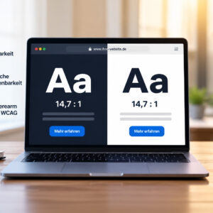 Laptop mit zwei Textproben „Aa“ in heller und dunkler Darstellung, Kontrastwert 14,7 zu 1, daneben Symbole für gute Lesbarkeit, einfache Bedienbarkeit und Barrierearmut