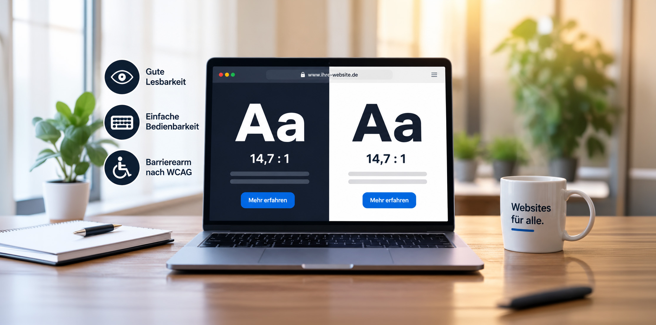 Laptop mit zwei Textproben „Aa“ in heller und dunkler Darstellung, Kontrastwert 14,7 zu 1, daneben Symbole für gute Lesbarkeit, einfache Bedienbarkeit und Barrierearmut