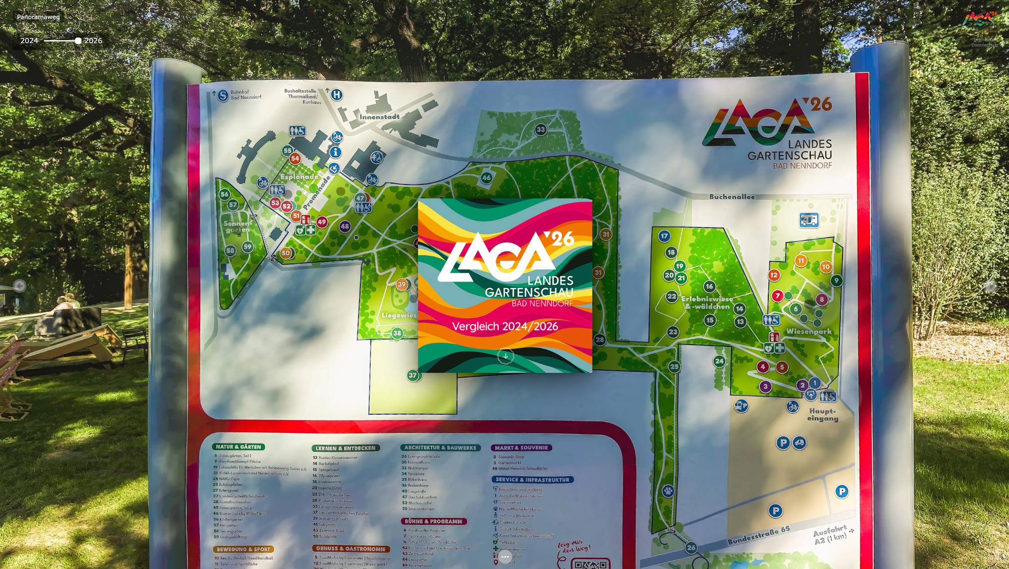 Ausschnitt aus der 360°-Dokumentation: Übersichtstafel der Landesgartenschau am Panoramaweg, oben links der Regler für den Vergleich 2024 und 2026